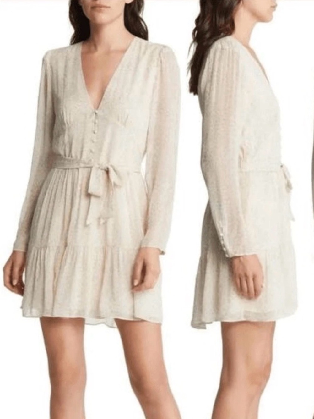 NEW PAIGE Truett 100% Silk V-Neck Sheer Long-Sleeve Natural Animal Mini Dress